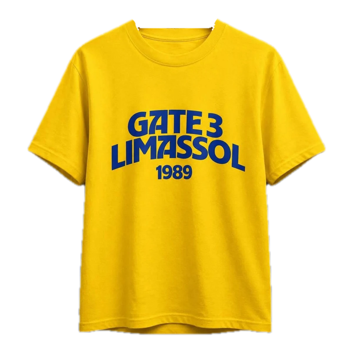 Κίτρινο t-shirt SYFAEL με μπλε στάμπα GATE 3 LIMASSOL 1989